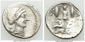 Julius Caesar, as Dictator (49-44 BC). AR denarius (19mm, 3.84 gm, 10h). VF. Military mint traveling with Caesar in Spain, late 46-early 45 BC. Head o...
