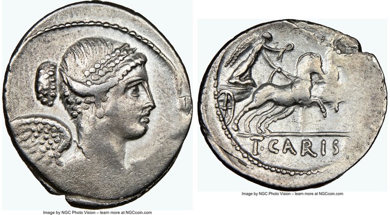T. Carisius (ca. 46 BC). AR denarius (18mm, 3h). NGC VF, brushed. Rome. Draped a...
