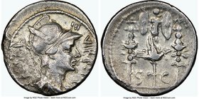Octavian, as Triumvir and Imperator (43-31 BC). AR denarius (18mm, 8h). NGC Fine. Military mint in Greece, autumn 42 BC. CAESAR III-VIR•R•P C, helmete...