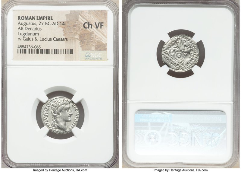 Augustus (27 BC-AD 14). AR denarius (19mm, 7h). NGC Choice VF. Lugdunum, 2 BC-AD...