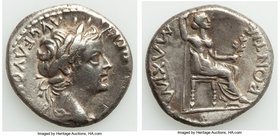 Tiberius (AD 14-37). AR denarius (17mm, 3.75 gm, 12h). VF, marks. Lugdunum, ca. AD 18-35. TI CAESAR DIVI-AVG F AVGVSTVS, laureate head of Tiberius rig...