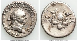 Divus Vespasian (AD 69-79). AR denarius (16mm, 3.12 gm, 7h). VF. Rome, AD 80-81. DIVVS AVGVSTVS VESPASIANVS, laureate head of Vespasian right / Two ca...