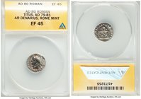 Titus (AD 79-81). AR denarius (16mm, 6h). ANACS EF 45. Rome, January-June AD 80. IMP TITVS CAES VESPASIAN AVG P M, laureate head of Titus left / TR P ...