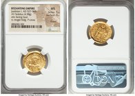 Justinian I the Great (AD 527-565). AV solidus (21mm, 4.38 gm, 7h). NGC MS 5/5 - 4/5, clipped Constantinople, 3rd officina. D N IVSTINI-ANVS PP AVG, c...