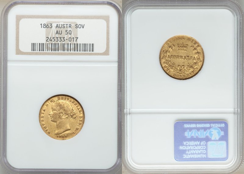 Victoria gold Sovereign 1863-SYDNEY AU50 NGC, Sydney mint, KM4. AGW 0.2353 oz. 
...