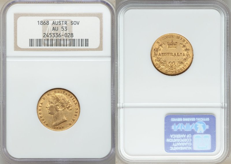 Victoria gold Sovereign 1868-SYDNEY AU53 NGC, Sydney mint, KM4. AGW 0.2353 oz. 
...