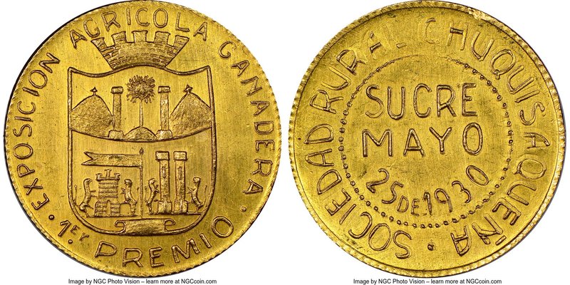 "Sucre Agricultural Expo" gold Award Medal 1930 MS61 NGC, 24mm. 7.79gm. First pl...