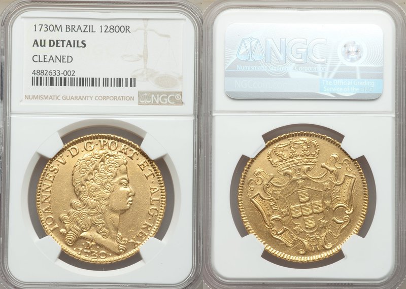 João V gold 12800 Reis 1730-M AU Details (Cleaned) NGC, Minas Gerais mint, KM139...