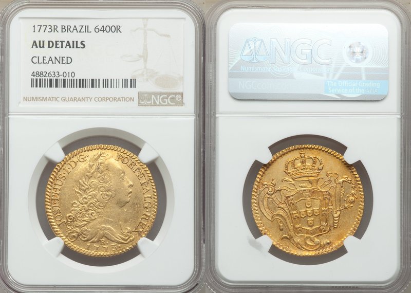 Jose I gold 6400 Reis 1773-R AU Details (Cleaned) NGC, Rio de Janeiro mint, KM17...