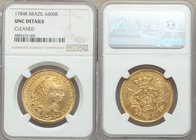 Maria I & Pedro III gold 6400 Reis 1784-R UNC Details (Cleaned) NGC, Rio de Janeiro mint, KM199.2. Bold strike with reflective surfaces. AGW 0.4229 oz...