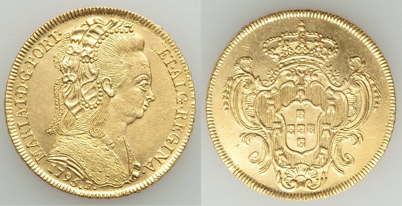 Maria I gold 6400 Reis 1795-R XF, Rio de Janeiro mint, KM226.1. 31.4mm. 14.32gm....