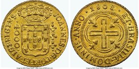 João Prince Regent gold 4000 Reis 1808/6-(B) AU58 NGC, Bahia mint, cf. KM235.1 (overdate unlisted), LMB-547 (same). Sharply struck with nearly full mi...