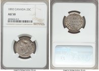Victoria 25 Cents 1892 AU50 NGC, London mint, KM5. Luster subdued by pewter gray tone with trace of butterscotch color. 

HID09801242017
