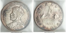 George V Dollar 1935 MS65 ICCS, Royal Canadian mint, KM30. Scattered brush stroke toning in shades of blue and purple. 

HID09801242017