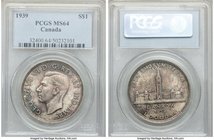 George VI Dollar 1939 MS64 PCGS, Royal Canadian mint, KM38. Issued for the Royal Visit. Lovely paint-brush strokes of eggplant purple highlighted by m...