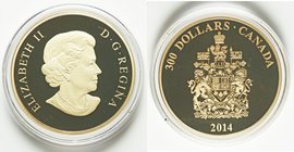 Elizabeth II gold Proof 300 Dollars 2014, Royal Canadian mint, KM1773. Mintage: 500 of which this is # 416. 50mm. 60.0gm. Comes with box of issue and ...