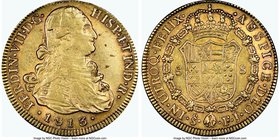 Ferdinand VII gold 8 Escudos 1813/2 So-FJ AU53 NGC, Santiago mint, cf. KM178 (unlisted overdate with this assayer). AGW 0.7616 oz. 

HID09801242017