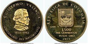 Republic gold Proof "Guillermo Valencia" 1500 Pesos 1973 PR68 Cameo NGC, Popayan mint, KM256. Mintage: 5,000. Guillermo Valencia 100th anniversary of ...