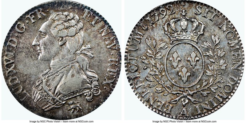 Louis XVI 1/2 Ecu 1792-A AU55 NGC, Paris mint, KM562.1. Last year of type Lavend...