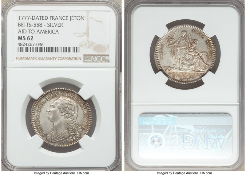 Louis XVI silver Jeton 1777 MS62 NGC, Betts-558, Feuardant-903. France prepares ...