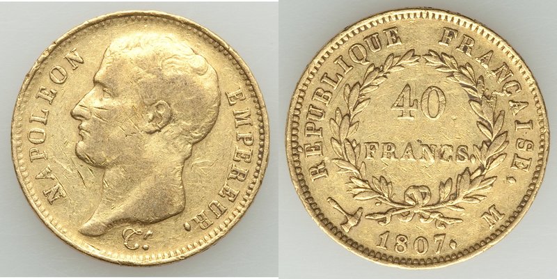 Napoleon gold 40 Francs 1807-M VF, Toulouse mint, KM-A688.3. 25.9mm. 12.85gm. Mi...