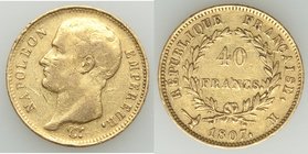 Napoleon gold 40 Francs 1807-M VF, Toulouse mint, KM-A688.3. 25.9mm. 12.85gm. Mintage 4,994. AGW 0.3734 oz. 

HID09801242017