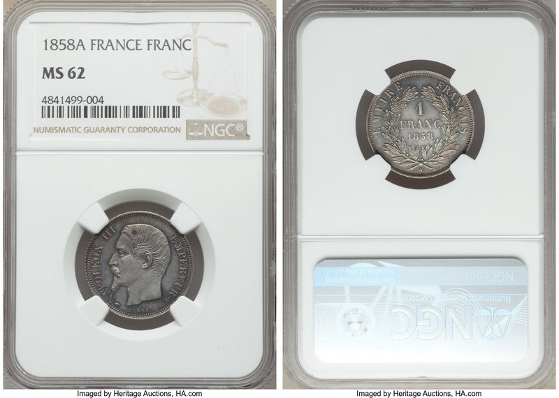 Napoleon III Franc 1858-A MS62 NGC, Paris mint, KM779.1. Obverse spot with overa...