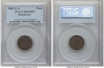 Provisional Coinage Peso 1862 T-A MS63 Brown PCGS, Tegucigalpa mint, KM24. Fully struck with dark chestnut color. 

HID09801242017