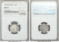 British India. Victoria 1/4 Rupee 1892-B MS62 NGC, Bombay mint, KM490. Type C Bust, Type I Reverse. Steel-gray and argent toning. 

HID09801242017