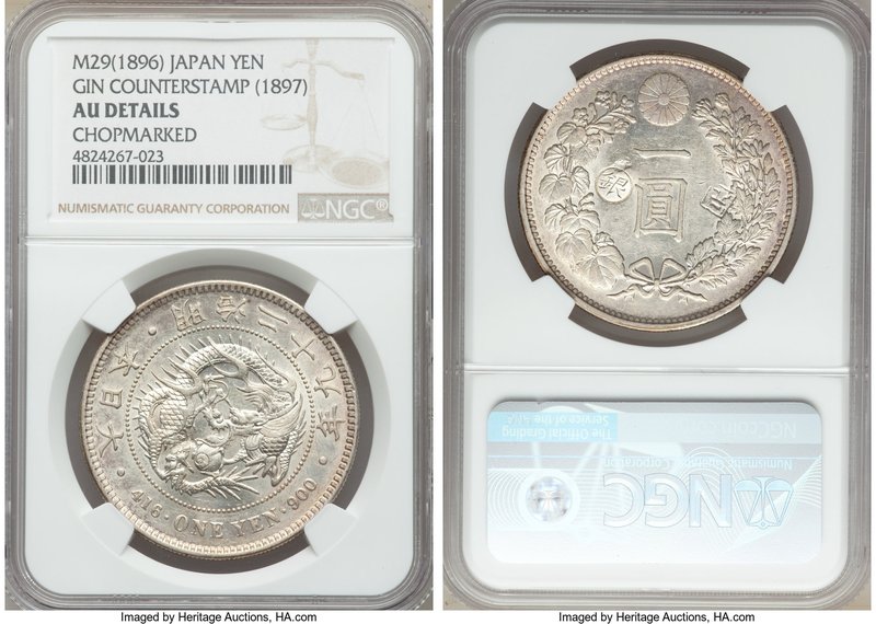 Meiji Counterstamped Yen Year 29 (1896) AU Details (Chopmarked) NGC, Tokyo mint,...