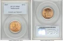 Wilhelmina gold 10 Gulden 1917 MS66 PCGS, KM149. AGW 0.1947 oz. 

HID09801242017