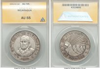 Republic Cordoba 1912-H AU55 ANACS, Heaton mint, KM16. Bust facing within circle / Radiant sun and mountains within circle. Medal rotation. A popular ...