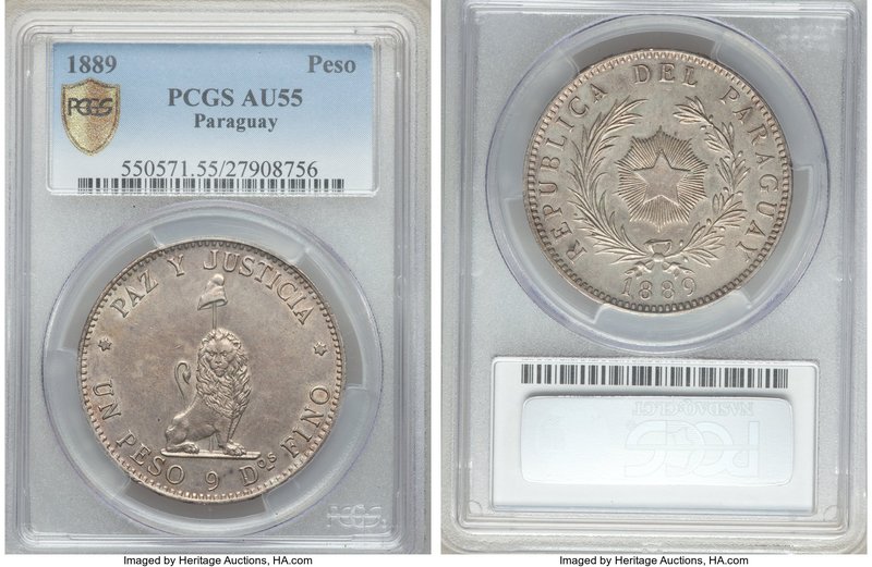 Republic Peso 1889 AU55 PCGS, KM5. Mintage: 600,000 with unknown quantity melted...
