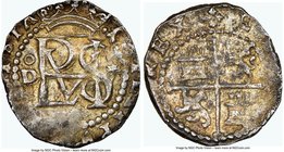 Philip II Cob 1/2 Real ND (1577-1588)-D AU58 NGC, Lima mint, ME-3391 Crowned monogram of Philip, to left, annulet above D; star to right / Arms of Cas...