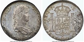 Ferdinand VII 8 Reales 1821 LM-JP UNC Details (Obverse Spot Removed) NGC, Lima mint, KM117.1. Sharply struck, lavender gray and gold toning over lustr...