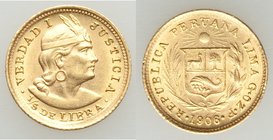 Peru gold 1/5 Libra 1906-GOZF AU, Lima mint, KM210. 14.2mm. 1.61gm. AGW 0.0471 oz. 

HID09801242017