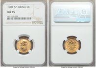 Nicholas II gold 5 Roubles 1903-AP MS65 NGC, St. Petersburg mint, KM-Y62. AGW 0.1245 oz. 

HID09801242017