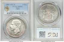 Alfonso XII 5 Pesetas 1885(87) MS-M MS62 PCGS, Madrid mint, KM688. Flashy white surfaces with a hint of peach toning at peripheries. 

HID09801242017