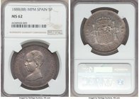 Alfonso XIII 5 Pesetas 1888(88) MP-M MS62 NGC, Madrid mint, KM689. Fully struck, toning in a gunmetal-rose color with light golden-peach accents. 

HI...