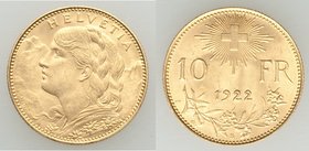 Confederation gold 10 Francs 1922-B UNC, Bern mint, KM36. 18.9mm. 3.22gm. AGW 0.0933 oz. 

HID09801242017