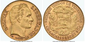 Republic gold 20 Bolivares 1911 MS63 NGC, KM-Y32. Die varieties exist in the placement of dot between date and Lei, Type 1 is evenly spaced, Type 2 ha...