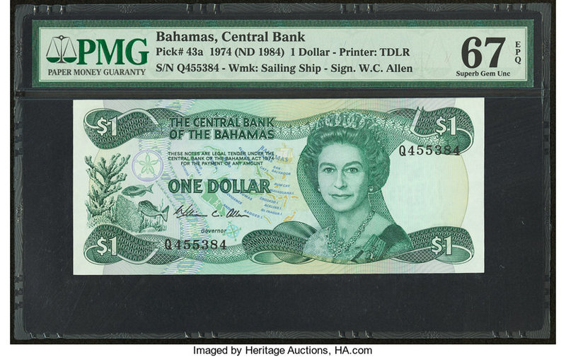 Bahamas Central Bank 1 Dollar 1974 (ND 1984) Pick 43a PMG Superb Gem Unc 67 EPQ....