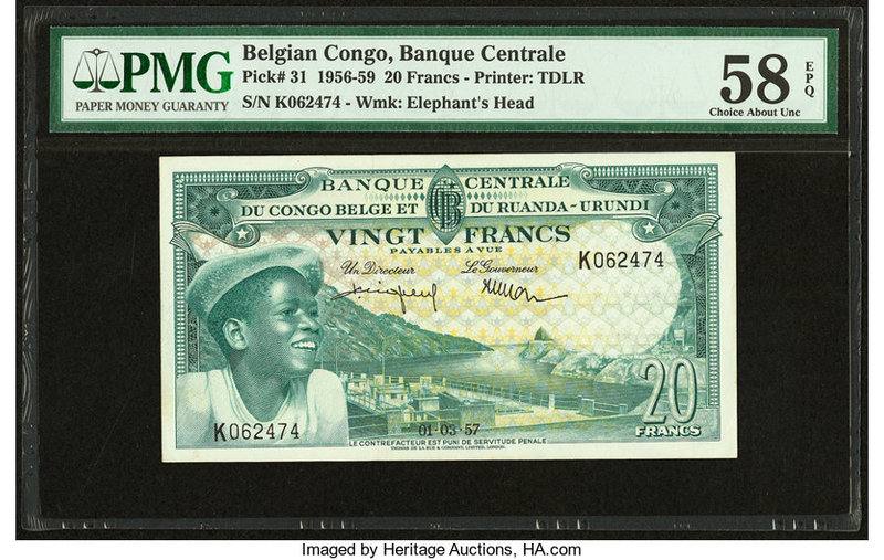 Belgian Congo Banque Centrale du Congo Belge 20 Francs 1.3.1957 Pick 31 PMG Choi...