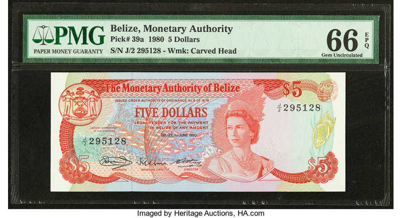 Belize Monetary Authority 5 Dollars 1.6.1980 Pick 39a PMG Gem Uncirculated 66 EP...