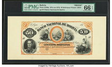 Bolivia Banco Nacional de Bolivia 50 Bolivianos 187x (ca. 1873) Pick S188fp Front Proof PMG Gem Uncirculated 66 EPQ. Four POCs.

HID09801242017
