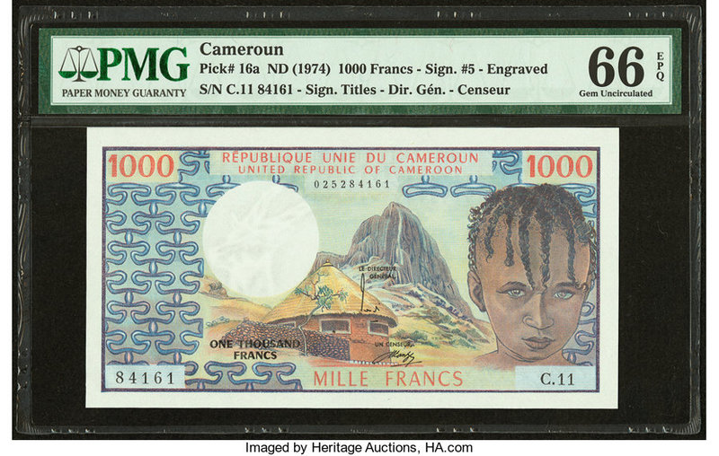Cameroon Republique Unie Du Cameroun 1000 Francs ND (1974) pick 16a PMG Gem Unci...