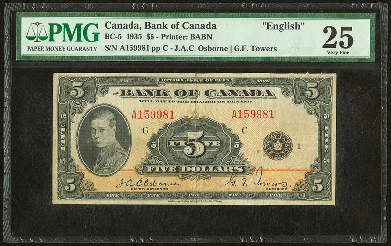 Canada Bank of Canada $5 1935 BC-5 "English" PMG Very Fine 25. Split.

HID098012...