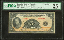 Canada Bank of Canada $5 1935 BC-5 "English" PMG Very Fine 25. Split.

HID09801242017