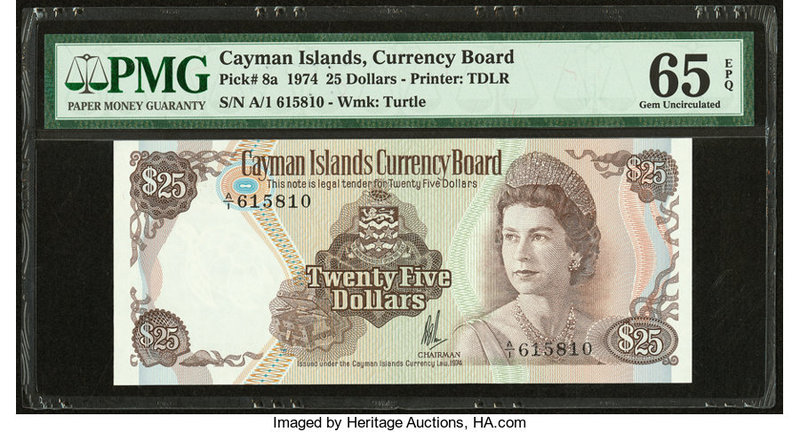 Cayman Islands Currency Board 25 Dollars 1974 (ND 1981) Pick 8a PMG Gem Uncircul...