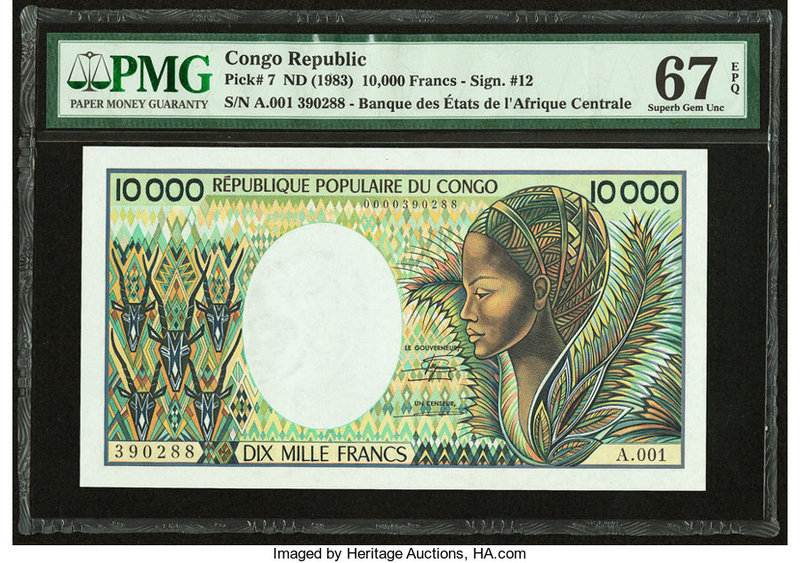 Congo Banque Nationale du Congo 10,000 Francs ND (1983) Pick 7 PMG Superb Gem Un...